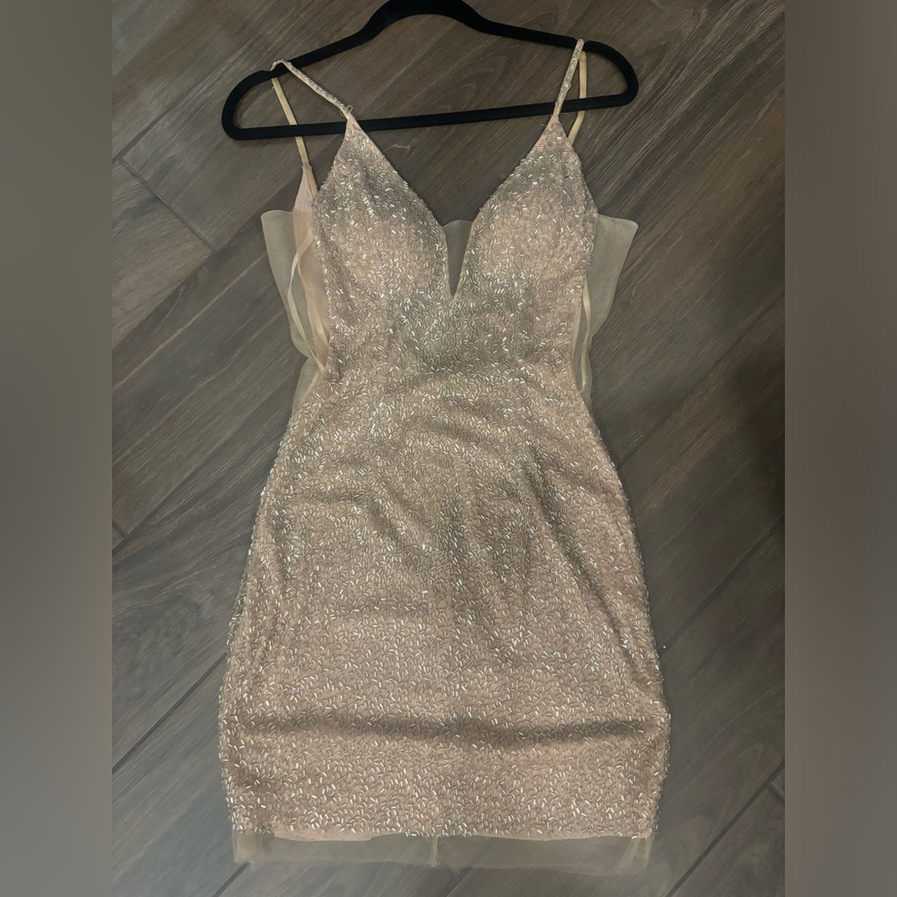 Jovani Champagne Sequin Backless Dress